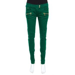 Balmain Green Denim Ribbed Panel Zip Detail Skinny Biker Jeans S